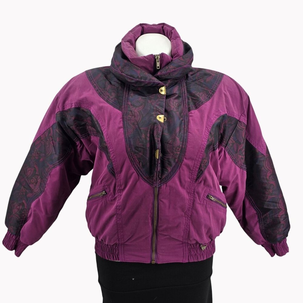 Skitique Vintage Womens Small Purple & Black Puffer Jacket With Floral Accents